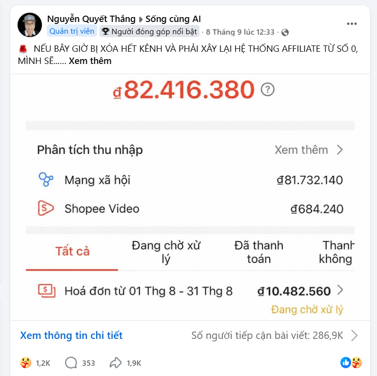 Bài đăng 1 trong group - tiếp cận 287.000 người